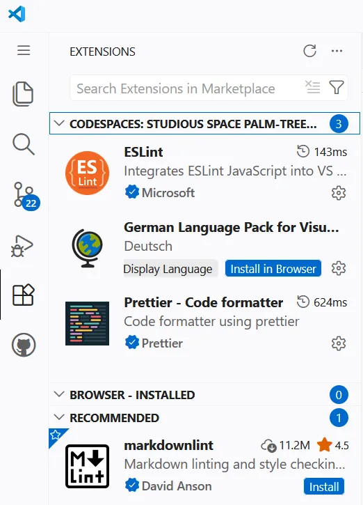 GitHub Codespace Extensions after a successful rebuild