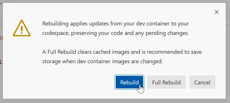 GitHub Codespace Rebuild Container - Option Rebuild