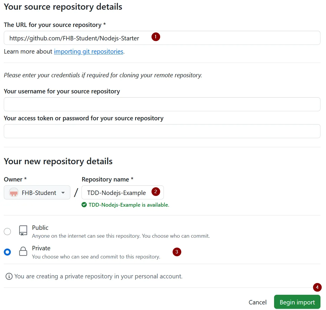 Repository importieren in GitHub - Dialog befüllt