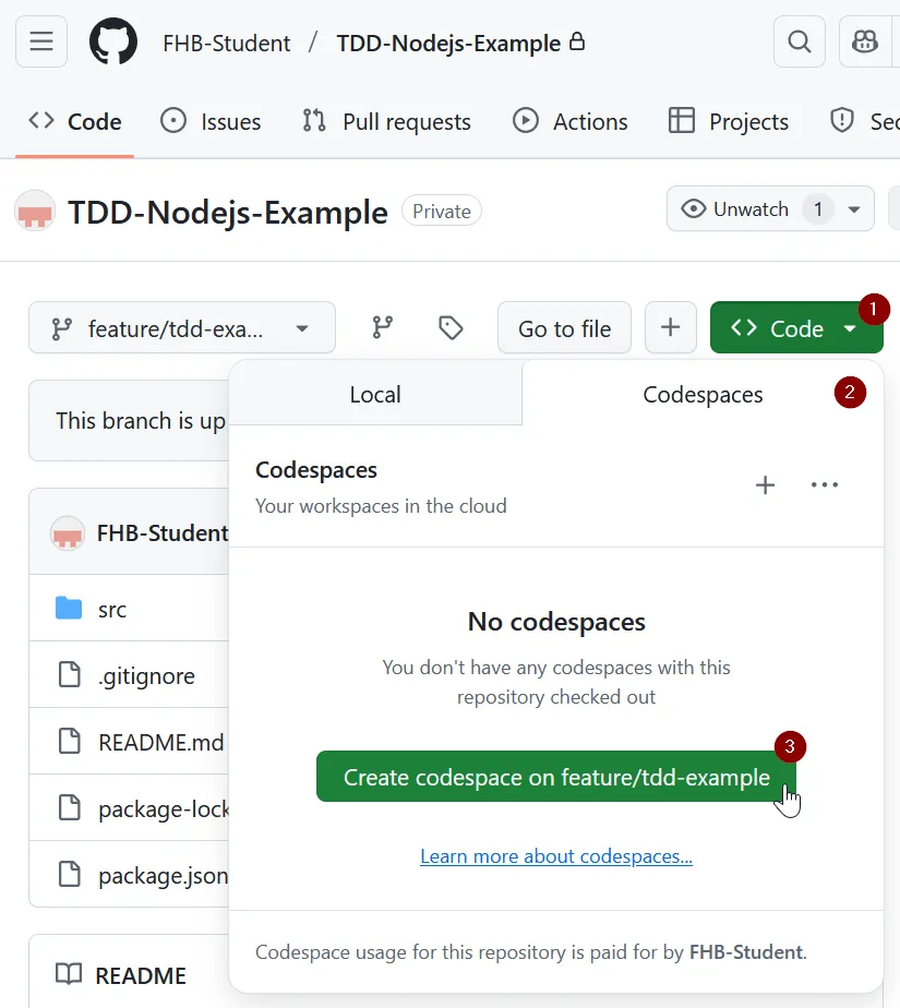 Start eines GitHub Codespaces aus GitHub heraus