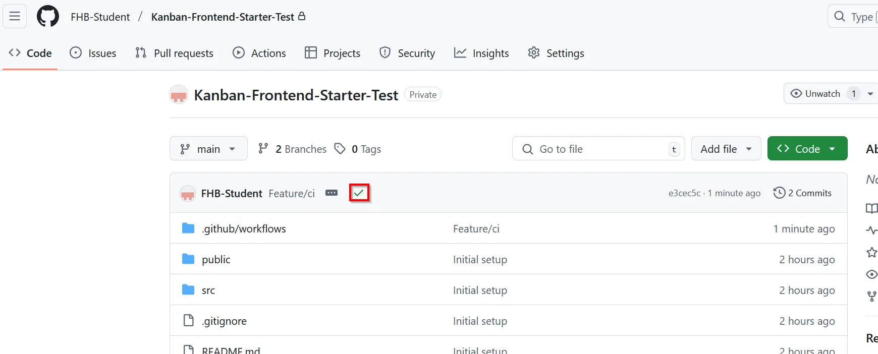 Github mit Markierung des Main-Branches und dem grünen Haken neben dem Commit für die erfolgreiche CI-Action